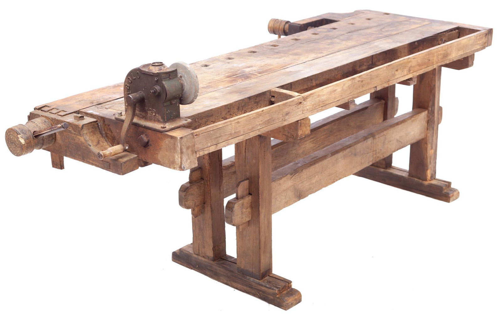 Large Primitive Oak Work Table with Vice and Stone (1 of 4)
