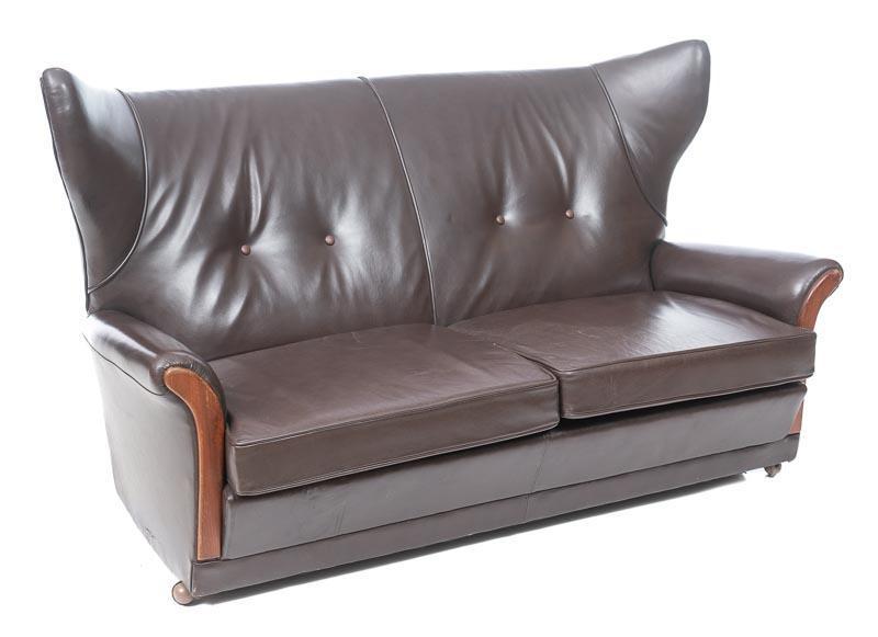 Mid-Century Teak and Black Leather Danish Loveseat: Condition: On casters, losses to leather 39" tall x 68" wide x 31" deep