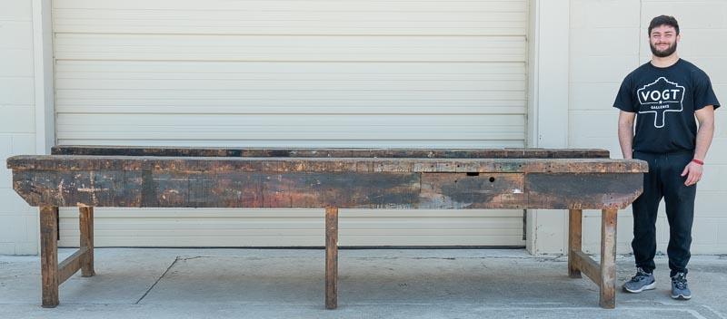 12' Long Wooden Work Table with Vice: 35" tall x 145" long x 48" wide