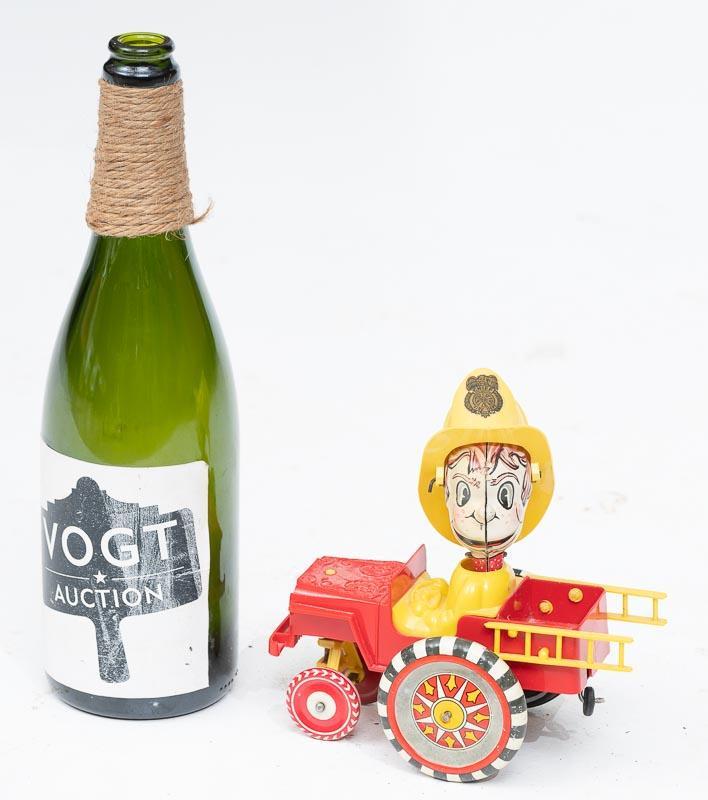 Vintage Tinplate Mechanical Fire Engine Toy: Provenance: A Minnetonka, MN Estate 8" tall x 8" long