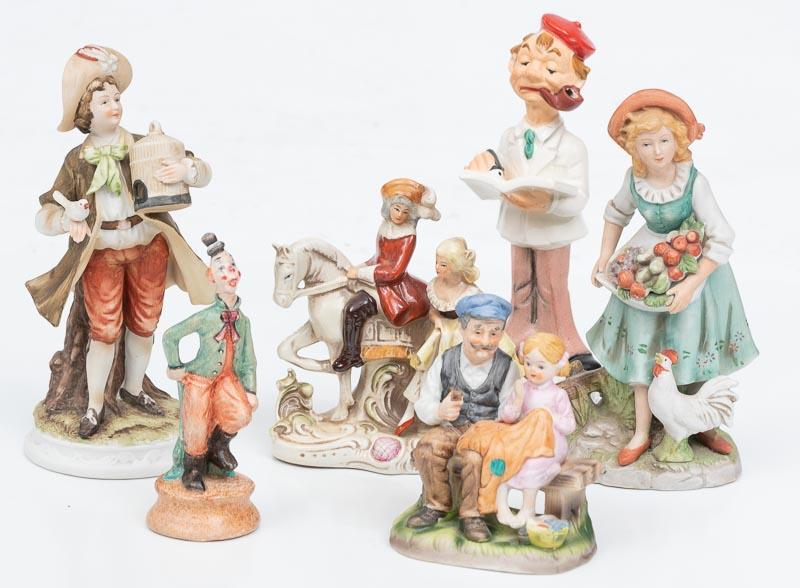 Lot of 6 East German Porcelain Figurines, Some Marked: Provenance: The Estate of Yuri Sheykhet, Former Moscow Philharmonic Orchestra Violinist 8" tall x 5" wide/ largest