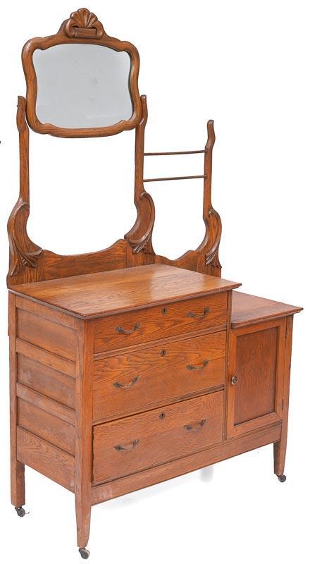 Oak Mirrored Washstand with 3-Drawers and Door: On casters 72" tall x 42.5" wide x 19" deep