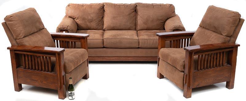 3-Piece Oak Arts & Crafts Living Room Set: Provenance: A Comfort, TX Estate 2-Reclining arm chairs, 1-Sofa Sofa: 35" tall x 83" long x 42" deep Chairs: 42" tall x 34" wide x 35" deep