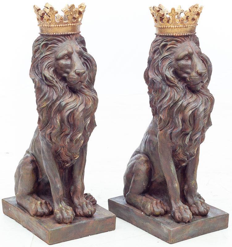 Pair of Regal Plaster Lion Figures, circa 1920: 36" tall x 12.5" wide x 19" deep/ Each