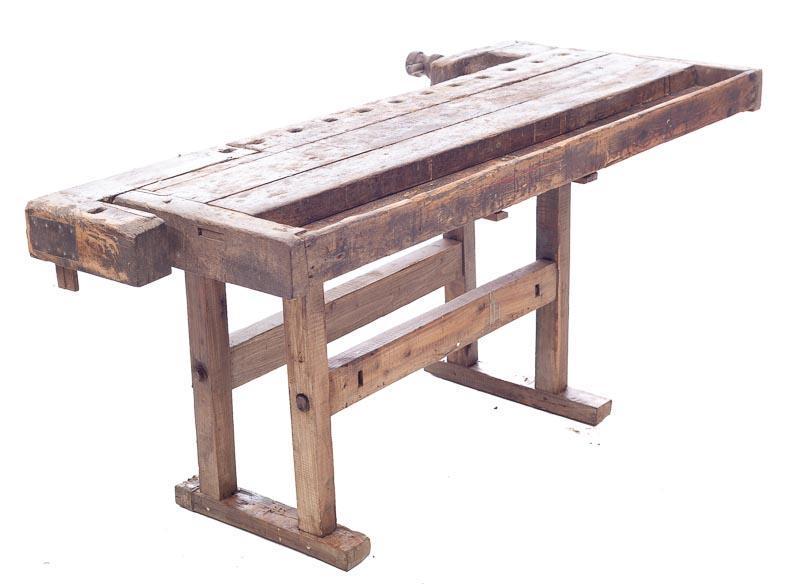 Primitive Wooden Work Table with Vice: 34" tall x 80" long x 39" wide