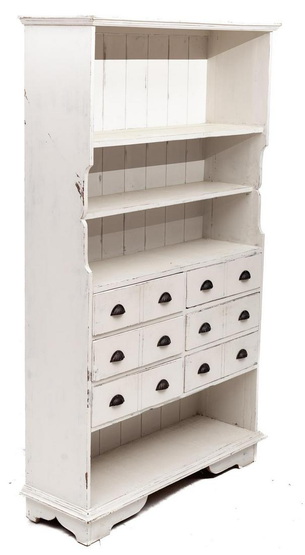 Painted Wooden Shelved Apothecary Cabinet: Provenance: An Alamo Heights, TX Estate 75" tall x 44" wide x 14" deep