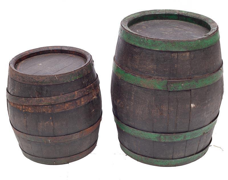 Pair of Rustic Banded Wooden Barrels: 27" tall x 26" wide/ Largest