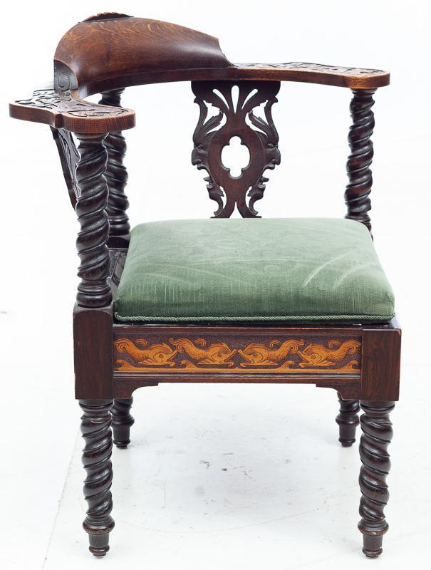 Barley Twist Carved Oak and Green Velvet Corner Seat: 32" tall x 27" wide