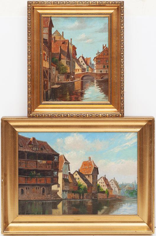 Kragh Peterson, Pair of Signed and Framed Oil on Canvas: Port scenes, circa 1920 19.5" tall x 25.5" wide/ Largest