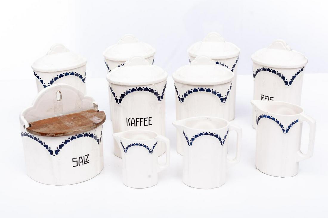 Lot of 10 Dutch Ceramic Kitchen Canisters: 9" tall x 5" wide/ Largest