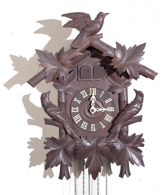 Cuckoo and Quail Wall Clock with Brass Movement: 20" tall x 16" wide Provenance: The Estate of Andy and Bea Copeland Note: This antique clock is sold "where-is, as-is" and Vogt Auction makes no guarantee as to the working order or completeness of th