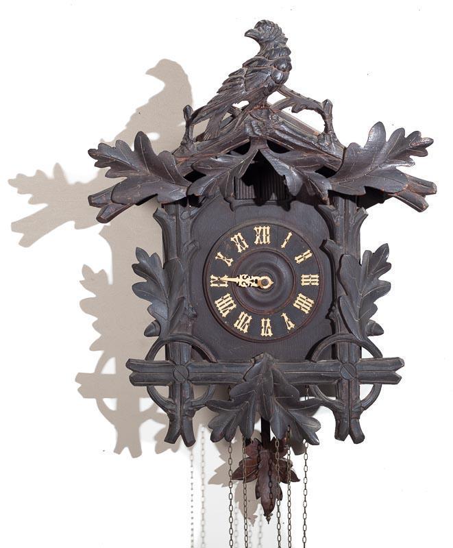 Figural Cuckoo and Quail Wall Clock: Codition: missing minute hand 21" tall x 17" wide Provenance: The Estate of Andy and Bea Copeland Note: This antique clock is sold "where-is, as-is" and Vogt Auction makes no guarantee as to the worki