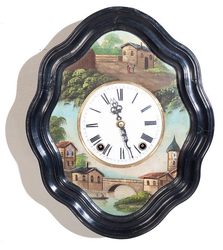 French Bulls Eye Wall Clock with Morez-Type Movement: Condition: Missing pendulum 17" tall x 14" wide Provenance: The Estate of Andy and Bea Copeland Note: This antique clock is sold "where-is, as-is" and Vogt Auction makes no guarantee as to the working