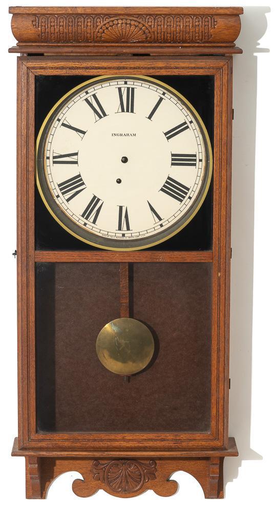 Ingraham Wall Clock: Replaced paper dial; missing hands 36" tall x 16" wide Provenance: The Estate of Andy and Bea Copeland Note: This antique clock is sold "where-is, as-is" and Vogt Auction makes no guarantee as to the