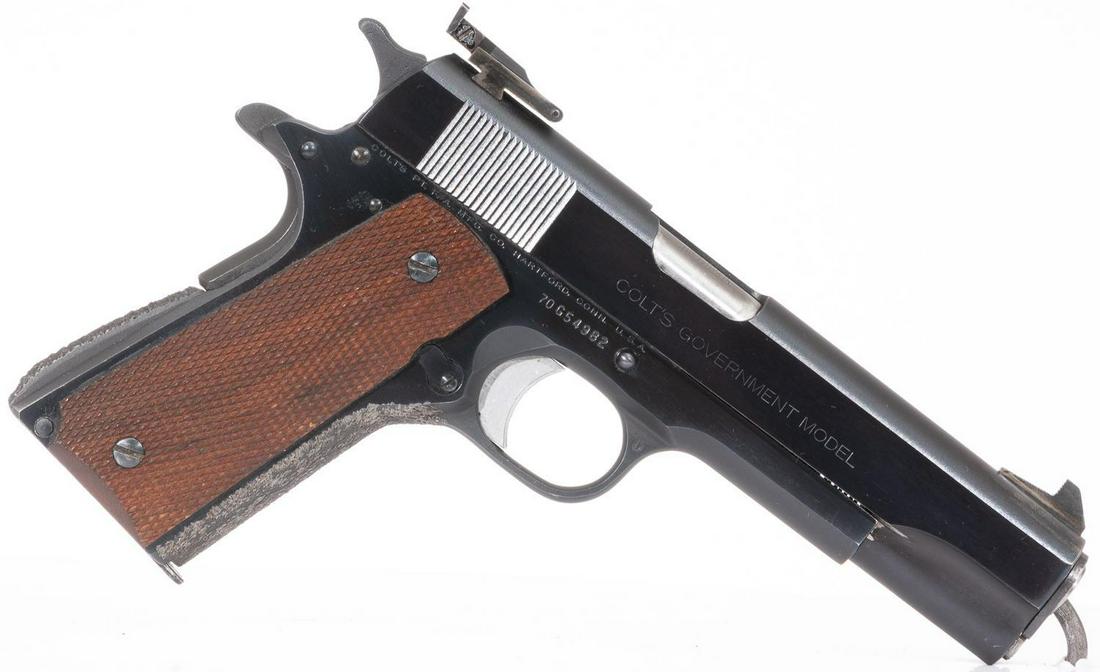 Colt Mark IV Government Series 70 .45 Semi-Automatic: Serial: 70G54982 Manufacturer: Colt Model: Government Mark IV Series 70 Caliber: .45 ACP Barrel length: 5" Condition: Good Stippled grip 6 extra magazines Provenance: The Estate of Dr. Thomas Romo, Jr