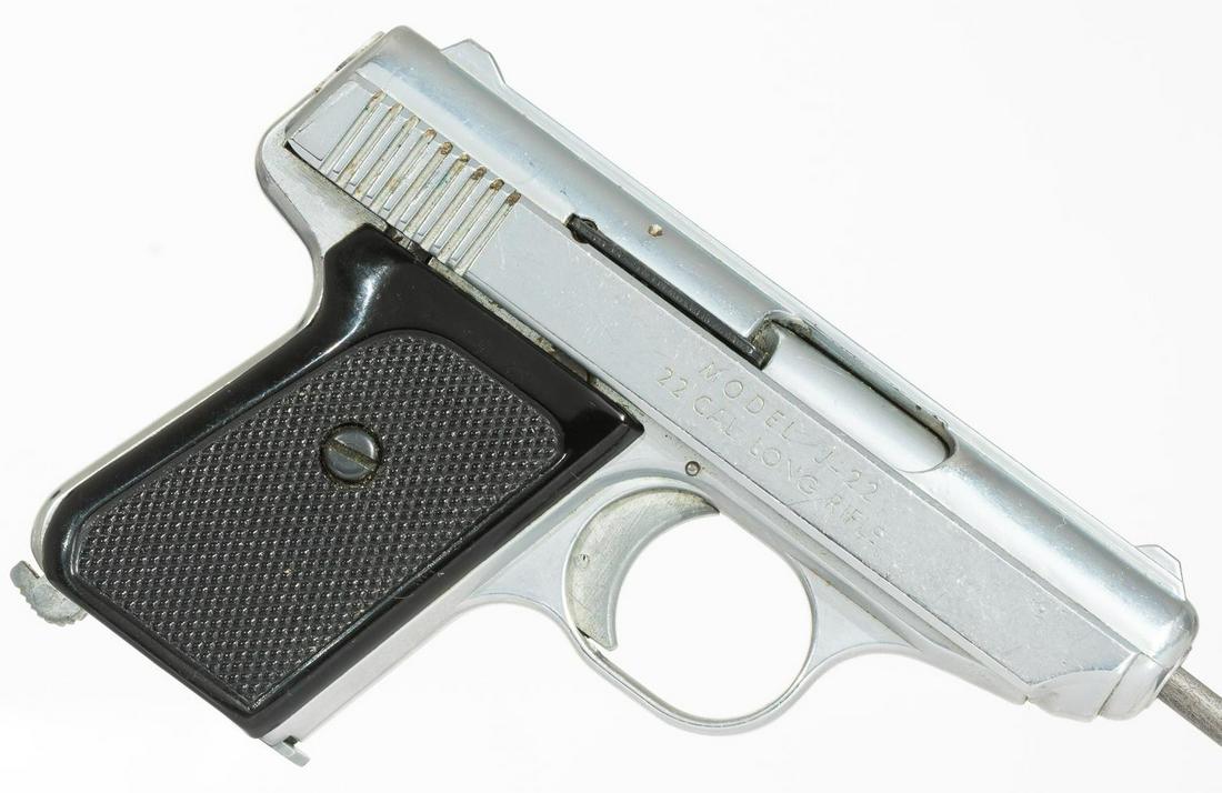 Jennings J-22 Semi-Automatic Pistol: Serial: 011832 Manufacturer: Jennings Model: J-22 Caliber: .22 LR Barrel length: 2.5" Condition: Fair Provenance: The Estate of Dr. Thomas Romo, Jr. (San Antonio, Texas) ALL firearms and ammunition wi