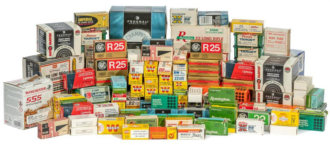 Ammunition - Approx. 14,000 Rounds - .22 Caliber: Ammunition - Approx. 14,000 Rounds - .22 Caliber Provenance: The Estate of Dr. Thomas Romo, Jr. (San Antonio, Texas) ALL firearms and ammunition within this auction are sold "as-is, where is". Vogt ta