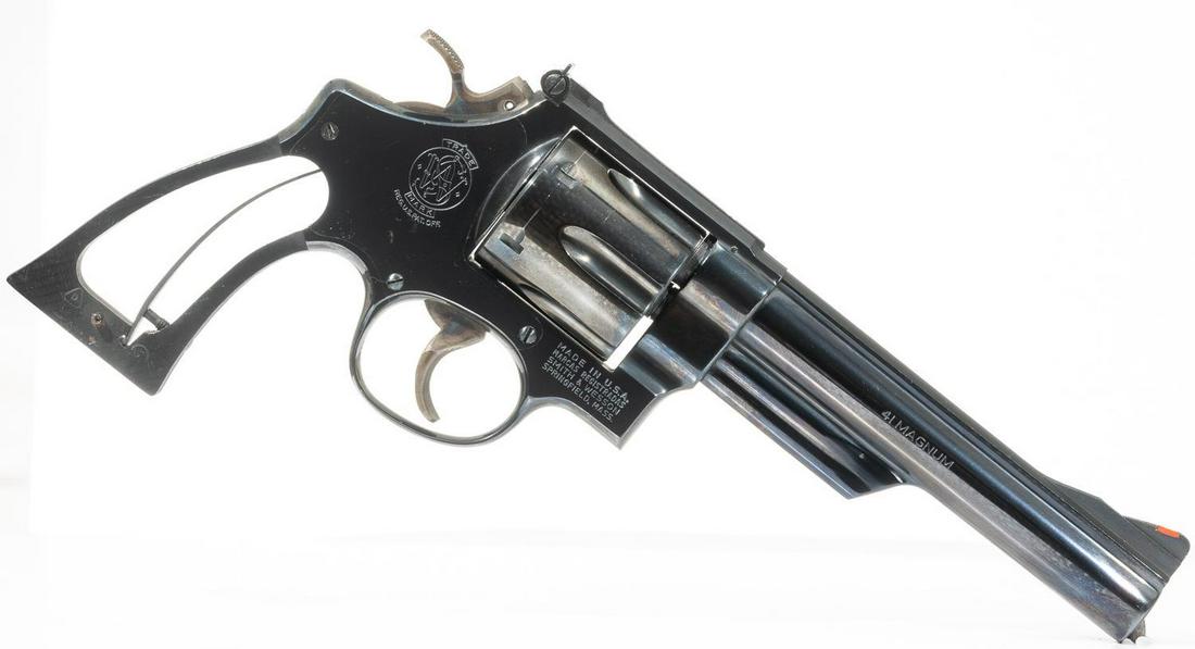 Smith & Wesson 57 .41 Magnum Revolver: Serial: N135166 Manufacturer: Smith & Wesson Model: 57 Caliber: .41 Magnum Barrel length: 6" Condition: Good; no grips Provenance: The Estate of Dr. Thomas Romo, Jr. (San Antonio, Texas) ALL firearms