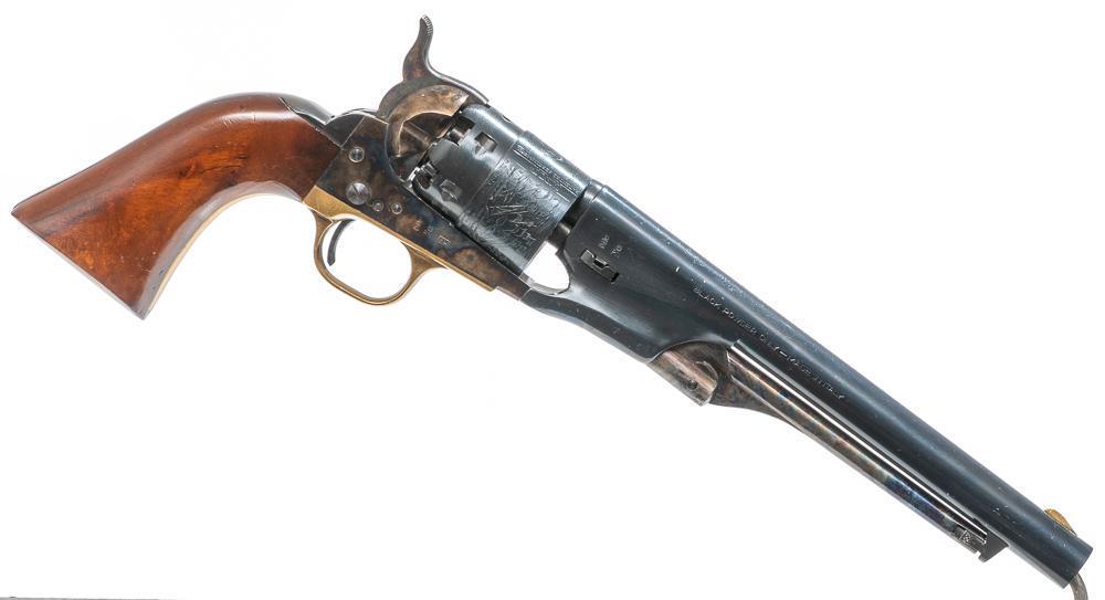 Navy Arms 1860 Army Reproduction Revolver: Serial: 7995 Manufacturer: Navy Arms 1860 Repro Model: 186 Caliber: .44 Barrel length: Condition: good Provenance: A Waco, Texas Estate ALL firearms and ammunition within this auction are sold "as-is,