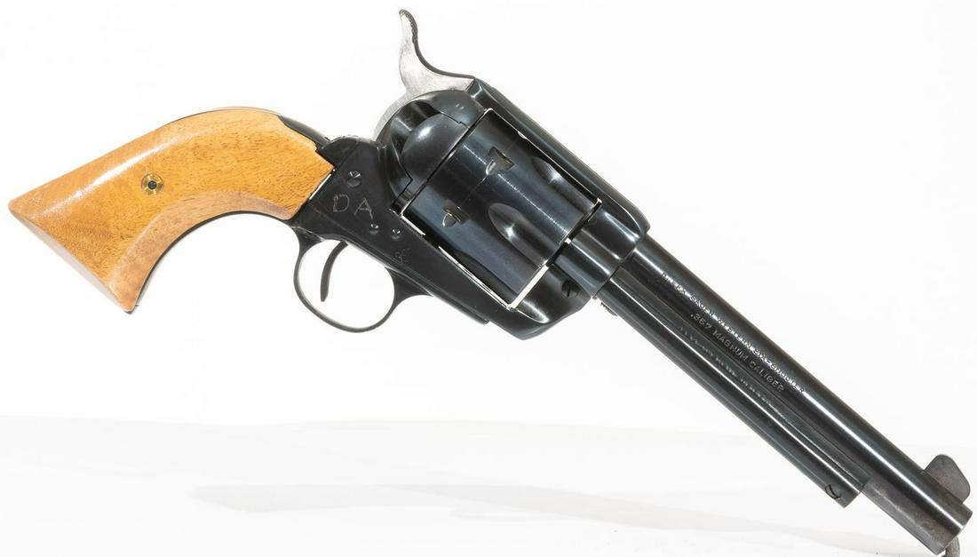 Hawes Sauer Western Six Shooter .357 Magnum Revolver: Serial: B4622 Manufacturer: Hawes J.P. Sauer Model: Western Six Shooter Caliber: .357 magnum Barrel length: 6" Condition: Fair; Etched Initals on Frame Provenance: The Estate of Dr. Thomas Romo, Jr. (