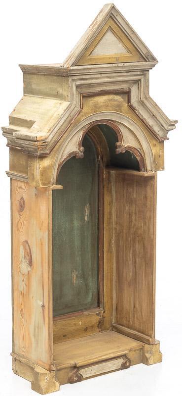 Painted Wooden Gothic-Style Niche, circa 1900: 57" tall x 27" wide x 13" deep STATEWIDE DELIVERY IS AVAILABLE ON THIS ITEM. Please email shipping@vogtauction.com or