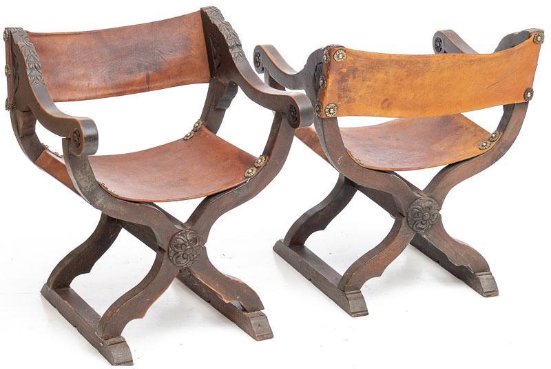 Pair of Spanish-Style Savonarola Chairs, Leather Accent (1 of 2)