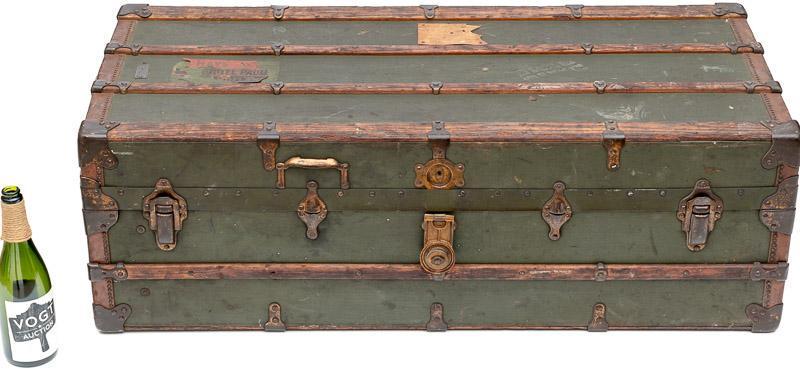 Painted Banded Wooden and Leather Traveling Trunk (1 of 2)