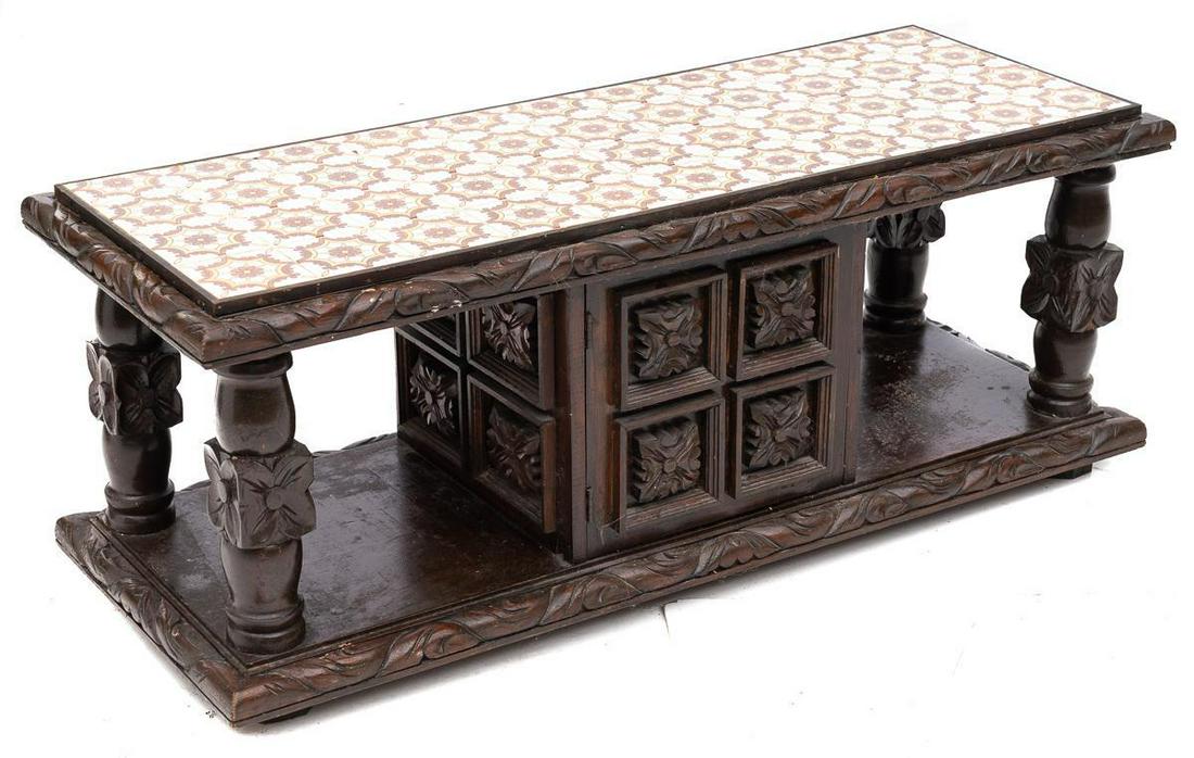 Spanish-Style Heavily Carved Tile Top Coffee Table (1 of 4)