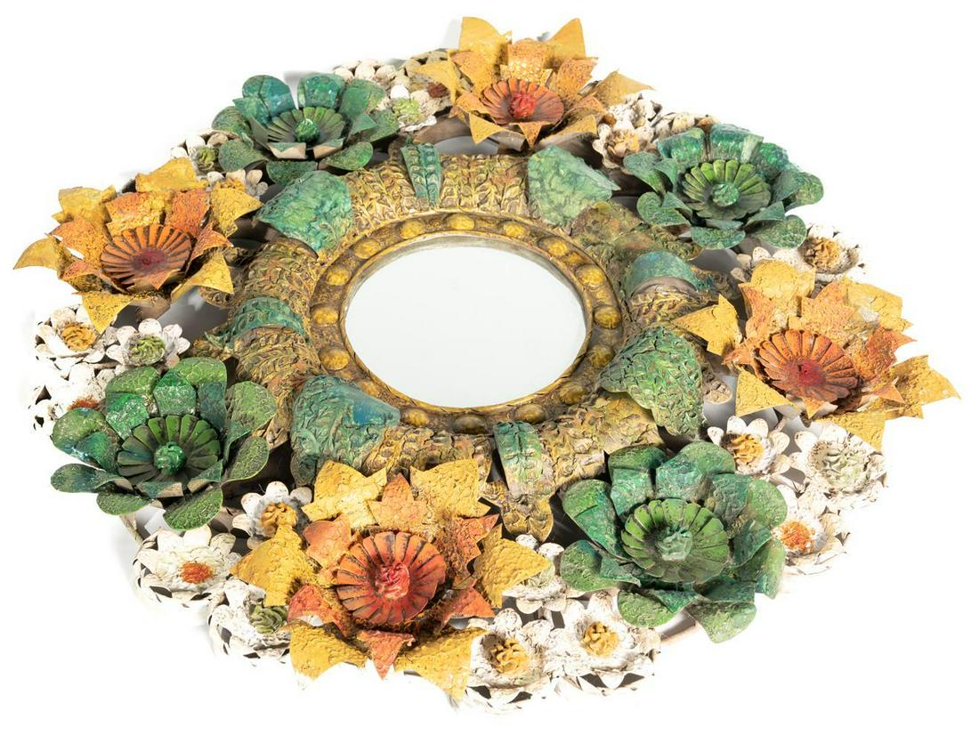 Mexican Folk Art Painted Metal Wall Hang Mirror (1 of 2)