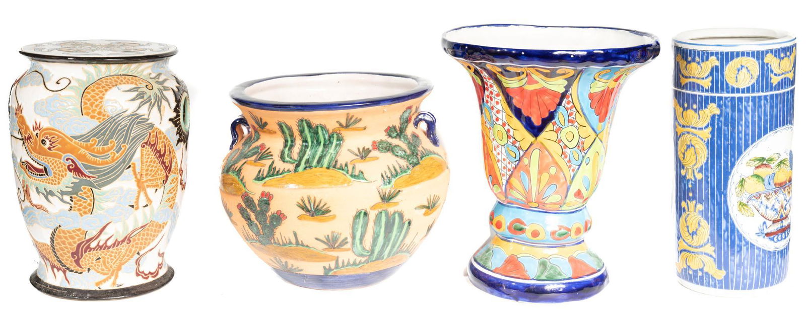 Lot of 4 Glazed Plant Pots, inc. Mexican Folk Art (1 of 3)