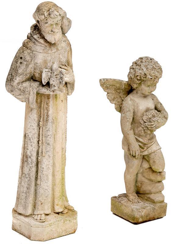 Pair of Concrete Garden Statues, Cherub and Monk (1 of 3)