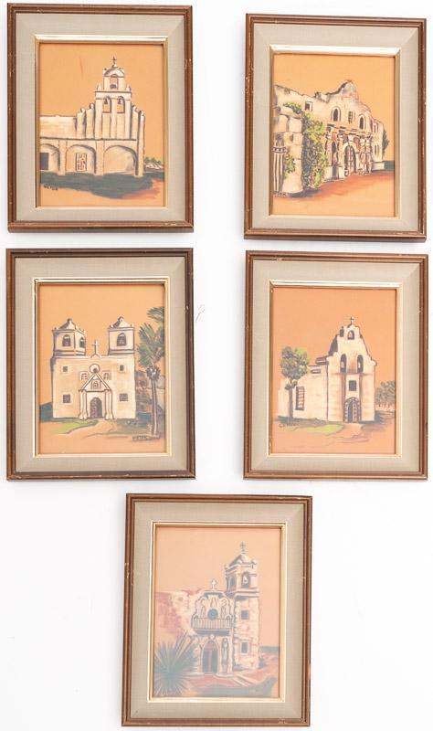 Lot of 5 Framed Mexican Folk Art, San Antonio Missions (1 of 4)