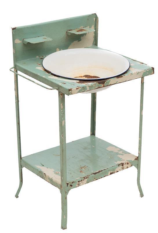 Freestanding Painted Metal and Enamel Washstand: 34.5" tall x 22.5" wide x 17.5" deep STATEWIDE DELIVERY IS AVAILABLE ON THIS ITEM. Please email shipping@vogtauction.com<