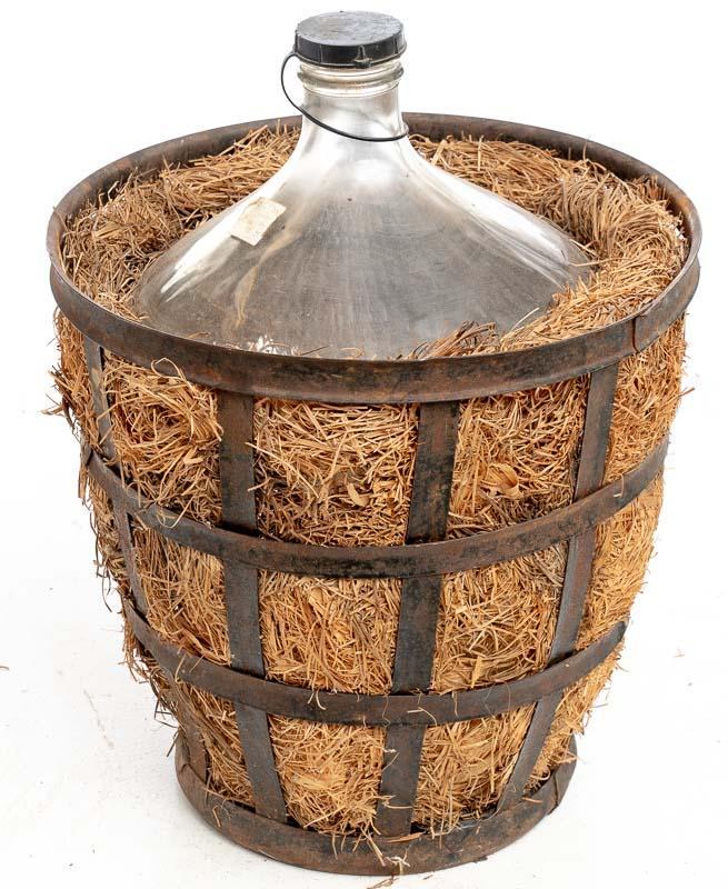 Vintage Clear Glass Carboy in Metal Basket, circa 1900 (1 of 3)