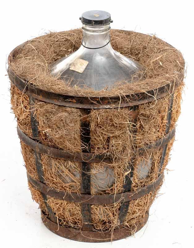 Vintage Clear Glass Carboy in Metal Basket, circa 1900 (1 of 3)