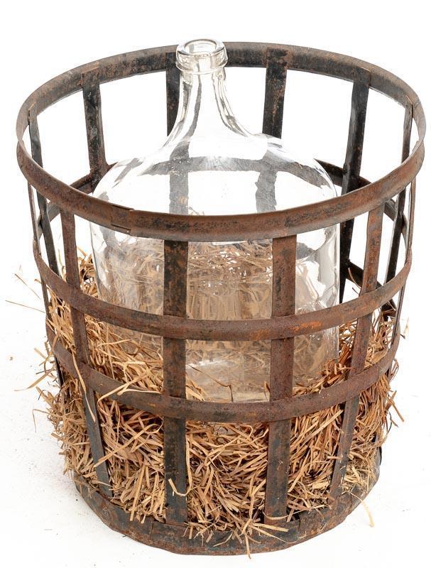 Vintage Clear Glass Carboy in Metal Basket, circa 1900 (1 of 3)