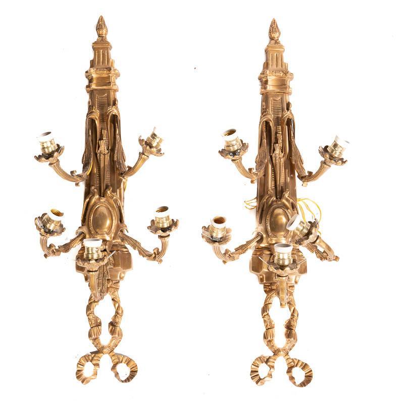 Pair of Wall Sconces: French Empire-style, acrylic accents, metal frame 37" tall x 12.5" wide x 7" deep State-wide delivery is available for this item.& Please email shipping@vogtauction.com or call 210-822-6155 for a quot