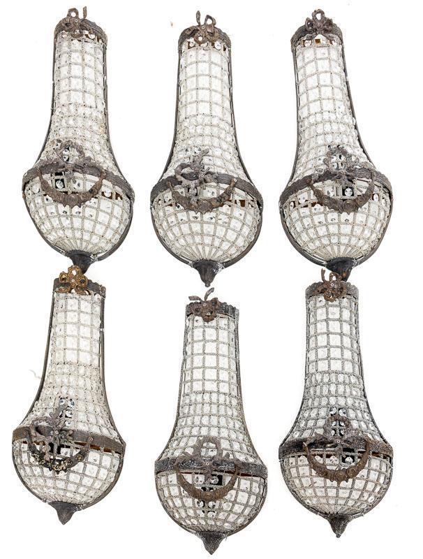 Set of 6 Wall Sconces: French Empire-style, metal frame, acrylic accents, floral motif 20" tall x 9.5" wide/ Each