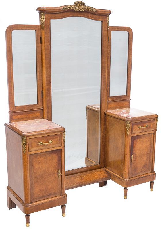 Large Vanity: Red/white marble, 3-mirrors, 1-large dressing mirror, metal drawer pulls, light gilt accents 72.5" tall x 55" wide x 17" deep State-wide delivery is available for this item. Please email shipping@vogt