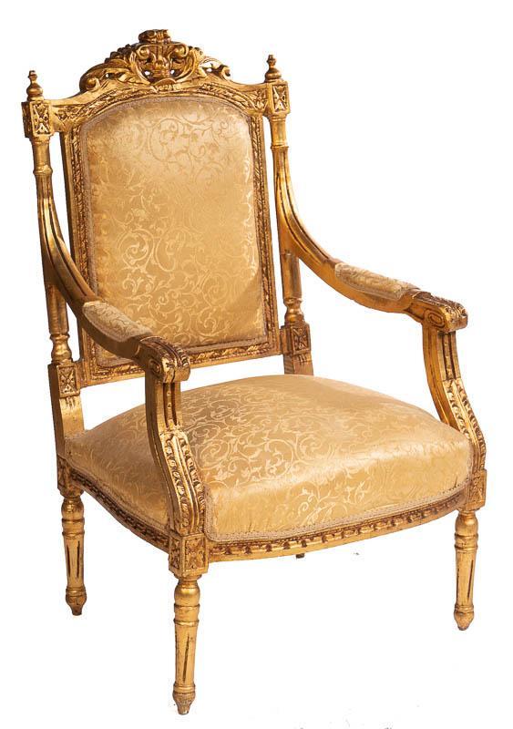 Bergere Armchair: French Empire-style, painted gilt accent, carved mantle 43.5" tall x 26.5" wide x 22.5" deep State-wide delivery is available for this item. Please email shipping@vogtauction.com or call 210-822-6155 