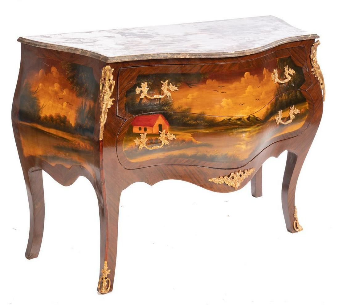 Marble Top Ormolu Bombe Chest: Light brown marble, landscape motif, metal drawer pulls, 2-drawers 35" tall x 48" wide x 21.5" deep State-wide delivery is available for this item. Please email shipping@vogtauction.com or call 210-82