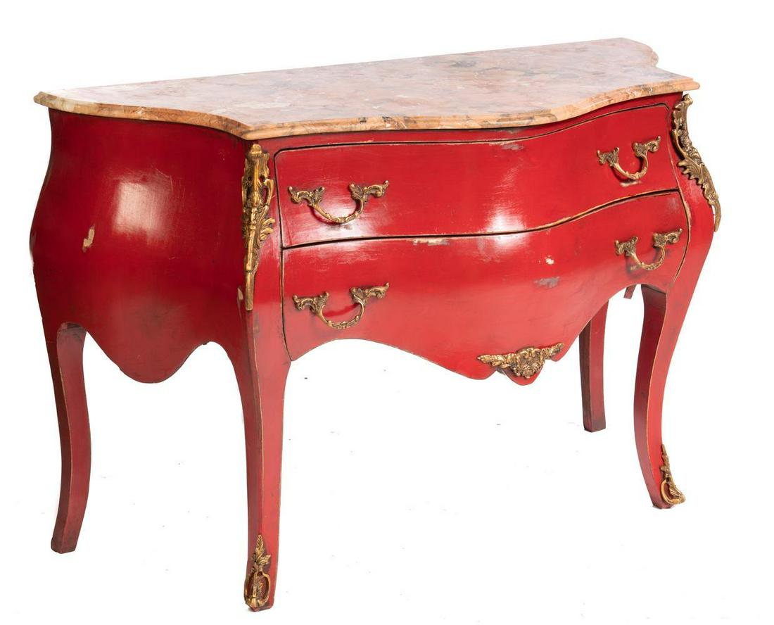 Marble Top Ormolu Bombe Chest: Painted red, pink marble, 2-drawers, metal drawer pulls 32.5" tall x 49.5" wide x 21" deep Condition: Scuffs throughout State-wide delivery is available for this item. Please email shipping@vogtauctio