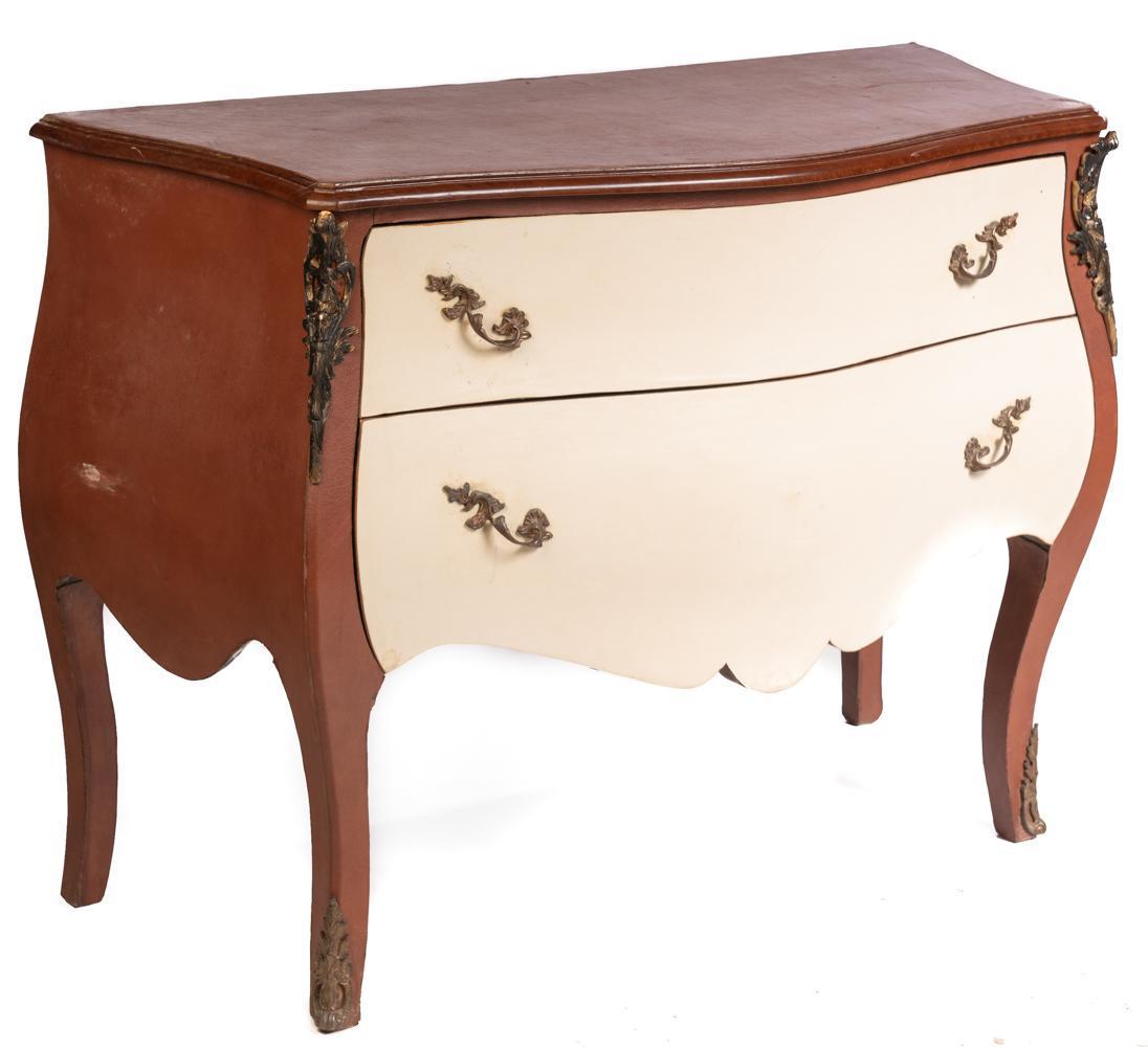 Marble Top Ormolu Bombe Chest: Vaneer accents, metal drawer pulls, 2-drawers, red/white marble 29" tall x 26" wide x 14.5" deep State-wide delivery is available for this item. Please email shipping@vogtauction.com or call 210-822-6