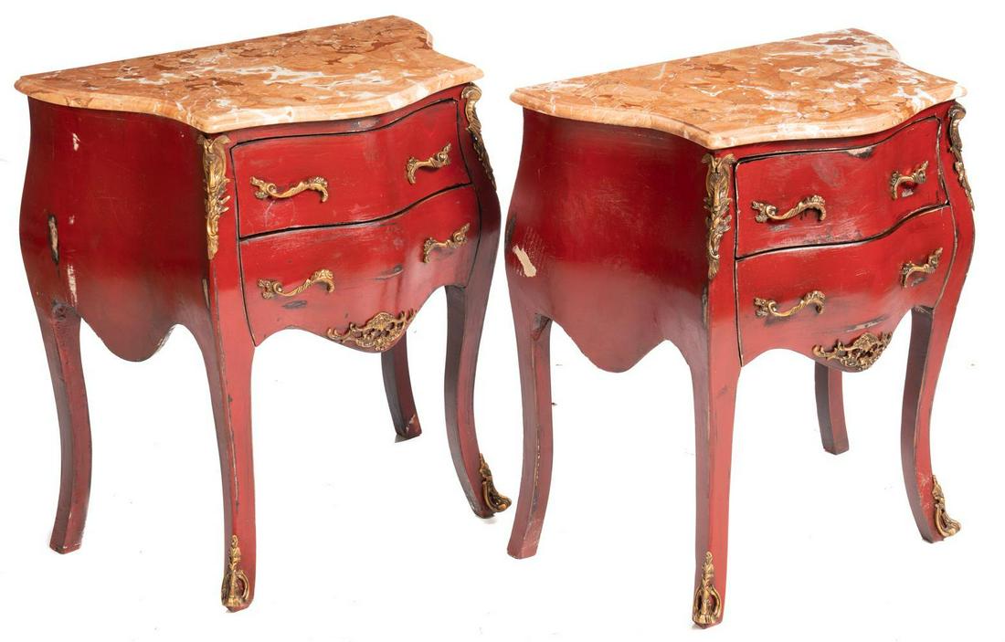 Pair of Marble Top Ormolu Bombe Chests: Peach marble, single-drawer, metal drawer pulls 28.5" tall x 25.5" wide x 15" deep/ Each State-wide delivery is available for this item. Please email shipping@vogtauction.com or call 210-822-6155 for 