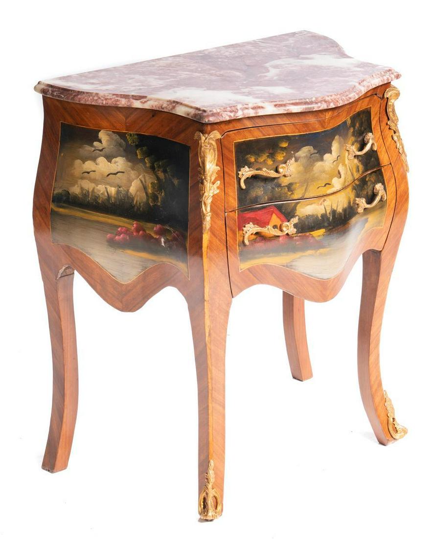 Marble Top Ormolu Bombe Chest: 2-drawers, metal drawer pulls, landscape motif, red/white marble 28.5" tall x 25" wide x 15.5" deep State-wide delivery is available for this item. Please email shipping@vogtauction.com or call 210-82