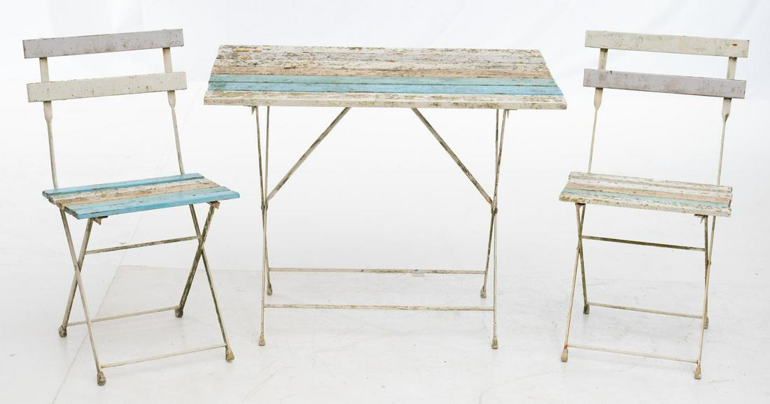 Garden Furniture Set: Metal bases, light blue, beige, and off white colors, table and chairs match. Chairs: 32" tall x 16.5" wide Table: 28" tall x 35.5" wide x 23" deep Condition: Light oxidization, losses to paint, fragi