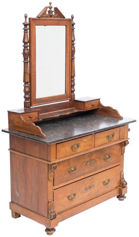 Marble Top Dressing Table: Grey marble, rectangular mirror, carved mantle accents, 6-drawers, metal drawer pulls, key holes, texture to mirror, towel rack on side. 72" tall x 45" wide x 22" deep Condition: Scuffs, bowed towel r