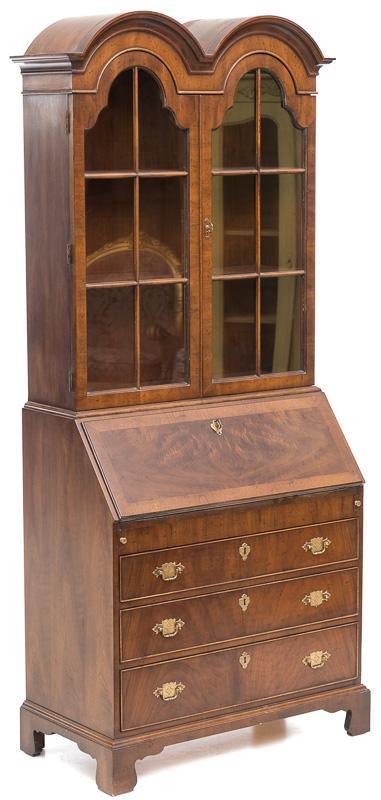 Bookshelf with Secretary: Drop front secretary, glazed bookshelf, arched top doors, with 3 keys, 5-drawers, 3-doors, metal drawer pulls, mail slots, stamped 250 on back Provenance: A Houston, TX Estate 81" tall x 35" wide x 18