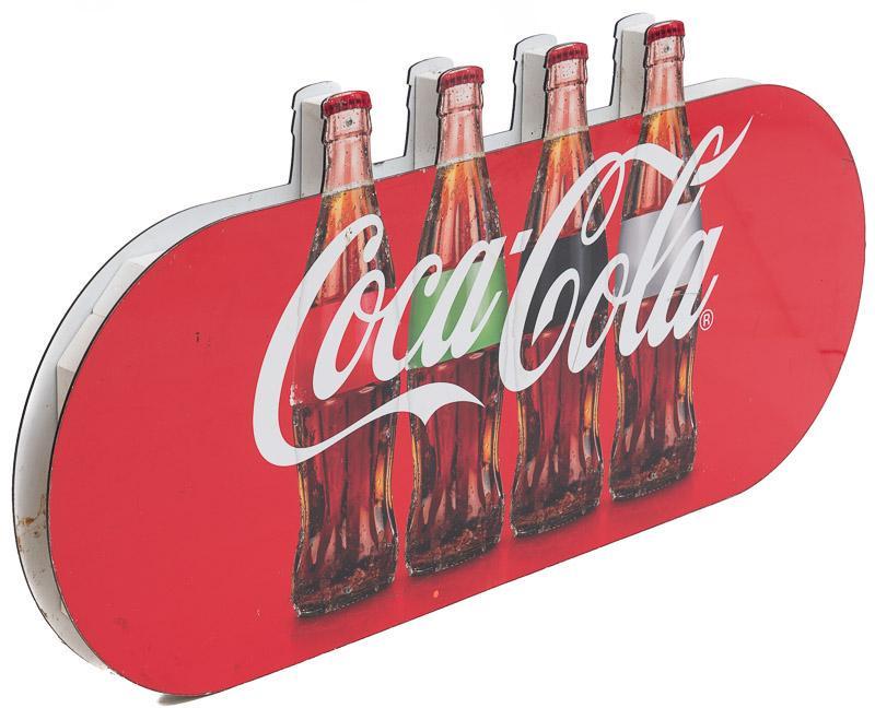 Double-Sided Coca-Cola Sign: Painted enamel Coca-cola sign, painted wooden backing, double sided 24" tall x 51" wide Condition: Scuffs &