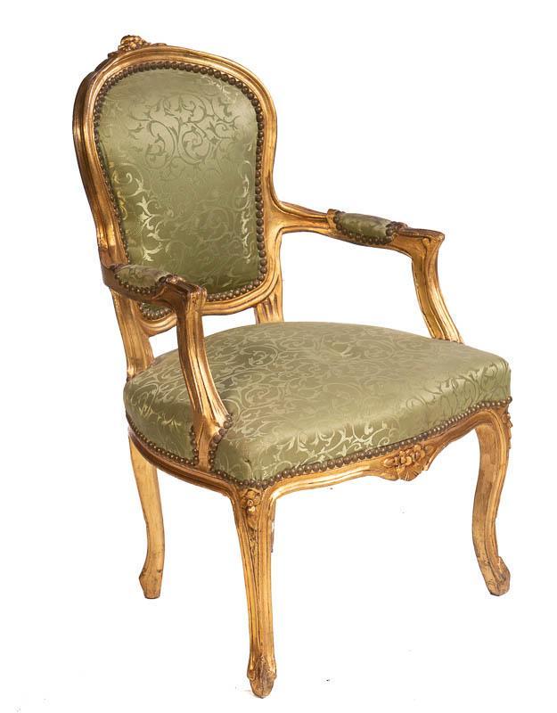 Bergere armchair: French Empire-style, painted gilt accent, carved mantle 35.5" tall x 24" wide x 20" deep State-wide delivery is available for this item. Please email shipping@vogtauction.com or call 210-822-6155 for 